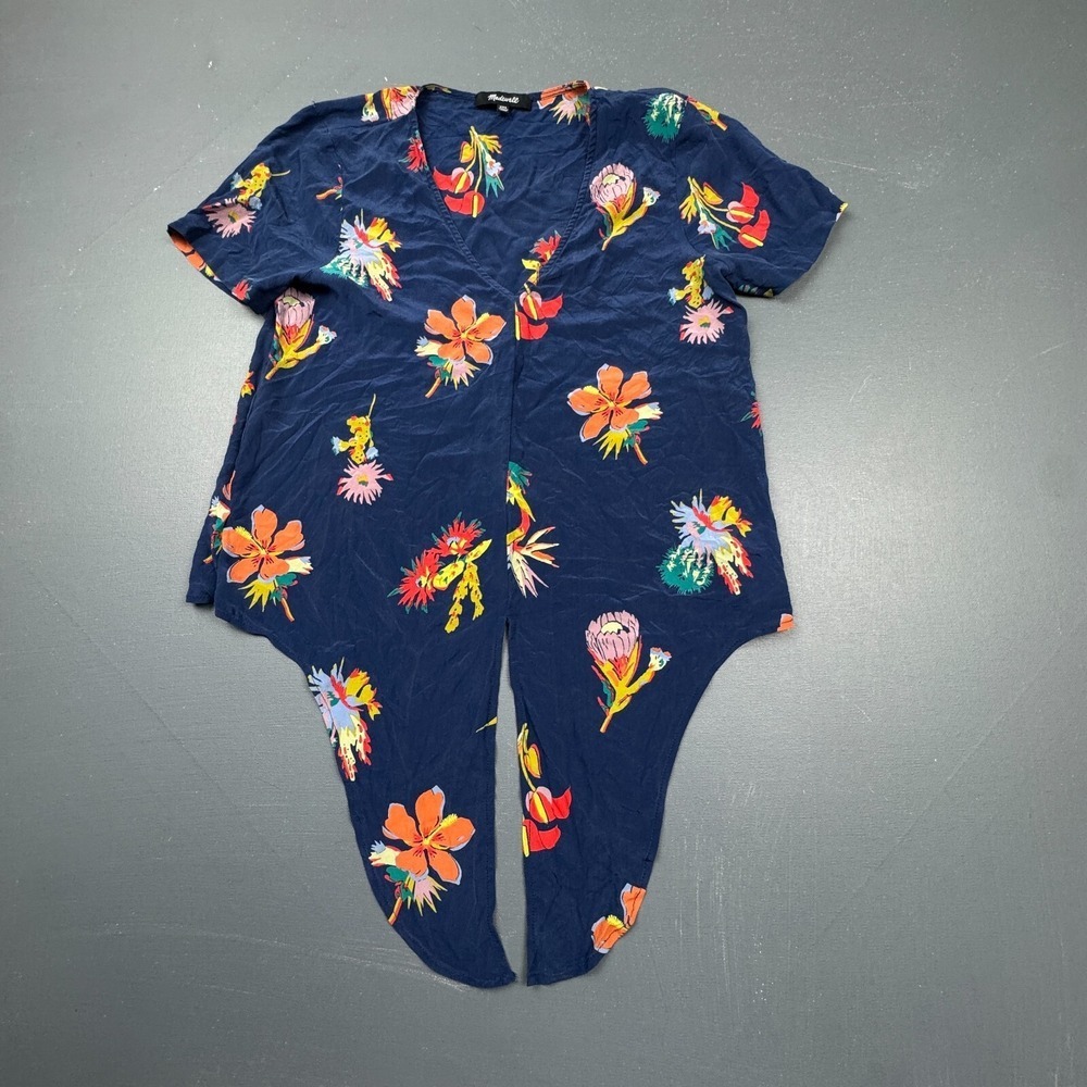 Madewell Women's XXS Navy Silk Floral Blouse V-Neck Short Sleeve Boho Print Top